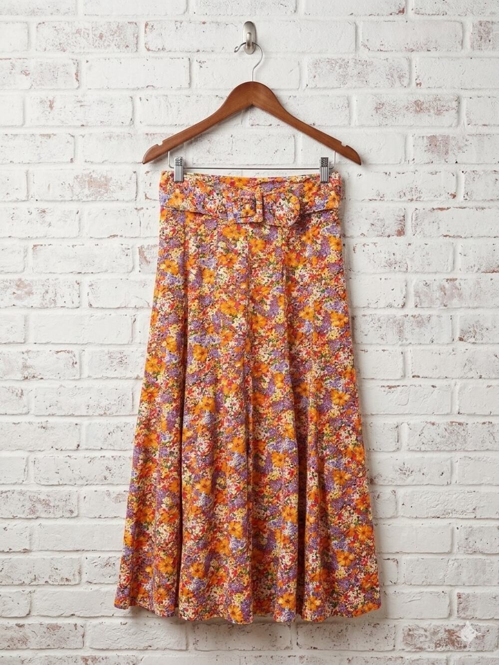 Faithfull The Brand Orange Floral Wrap Maxi Skirt Medium Boho Cottagecore belted